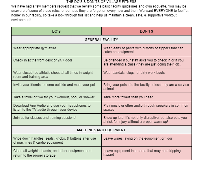 Village Fitness etiquette
